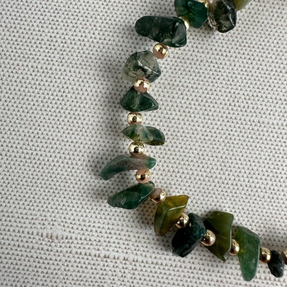 Moss Agate Gemstone Bracelet 8" With Gold-Tone Beads & Spring Ring Clasp - Picture 2 of 9
